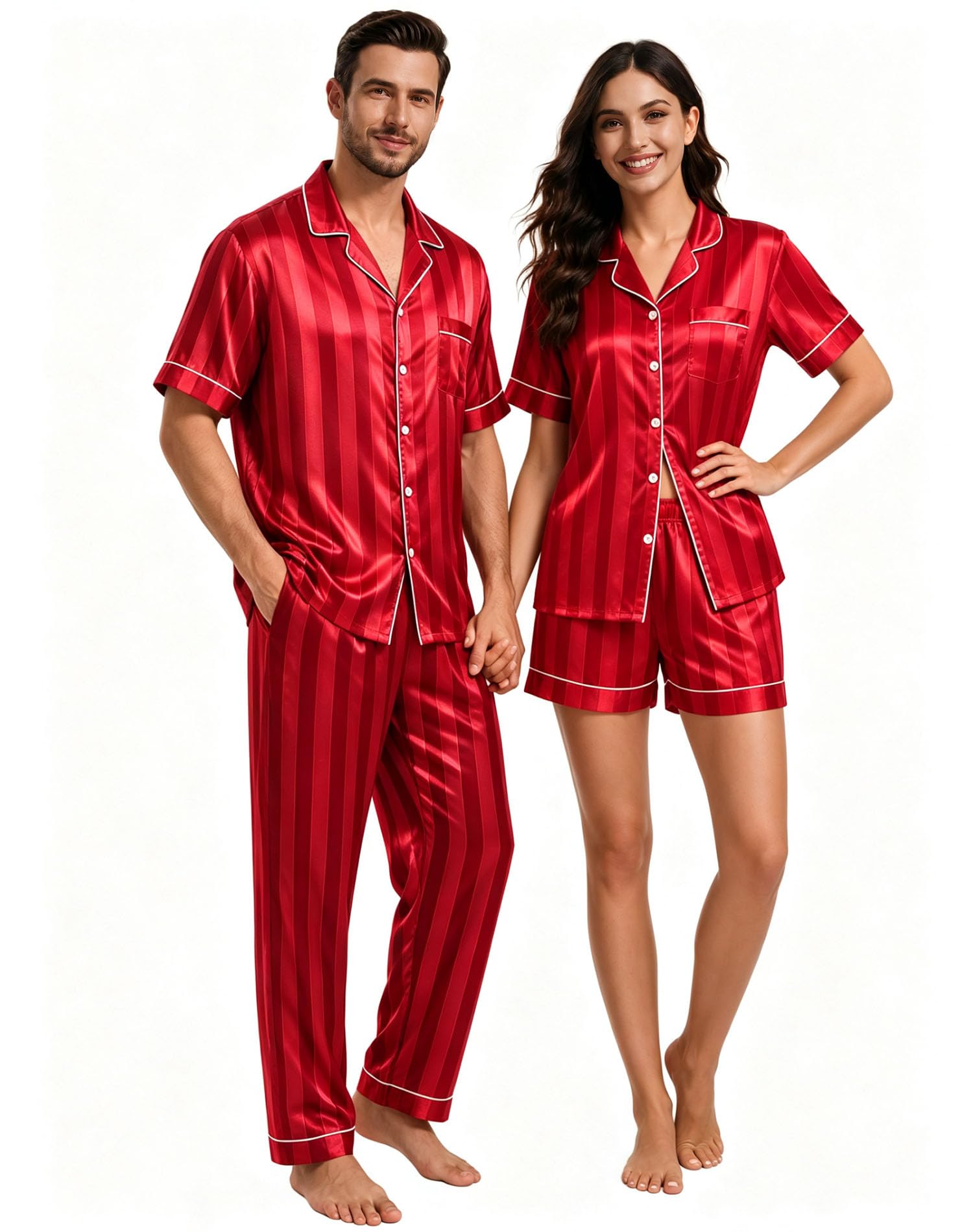 SWOMOG Matching Pajamas for Couples Satin Short Sleeve Sleepwear Women/Men Silk Soft Button Down Nightwear 2 Pcs Loungewear