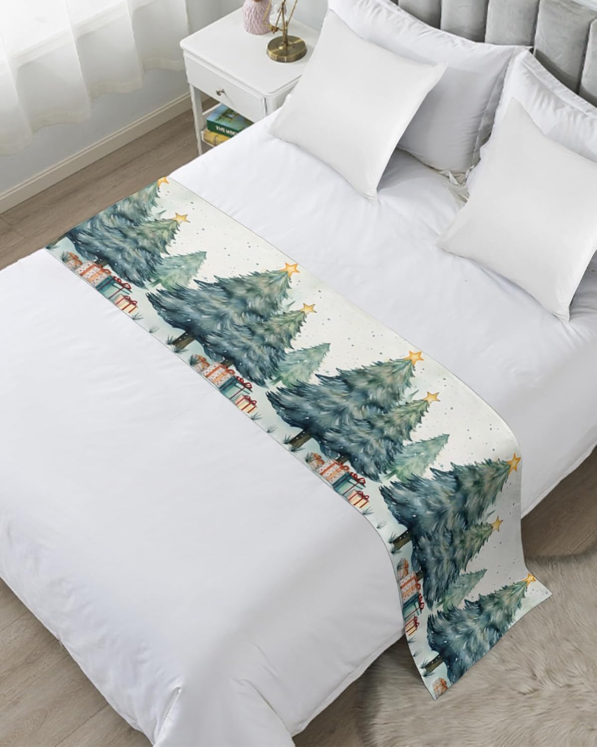 Teamery Bed Runners & Scarves, Merry Christmas Bed Runner, Bed Scarf Protector Decorative Accent Bedding Scarf for Hotels Homes and Guestrooms, 102 x 20 inches