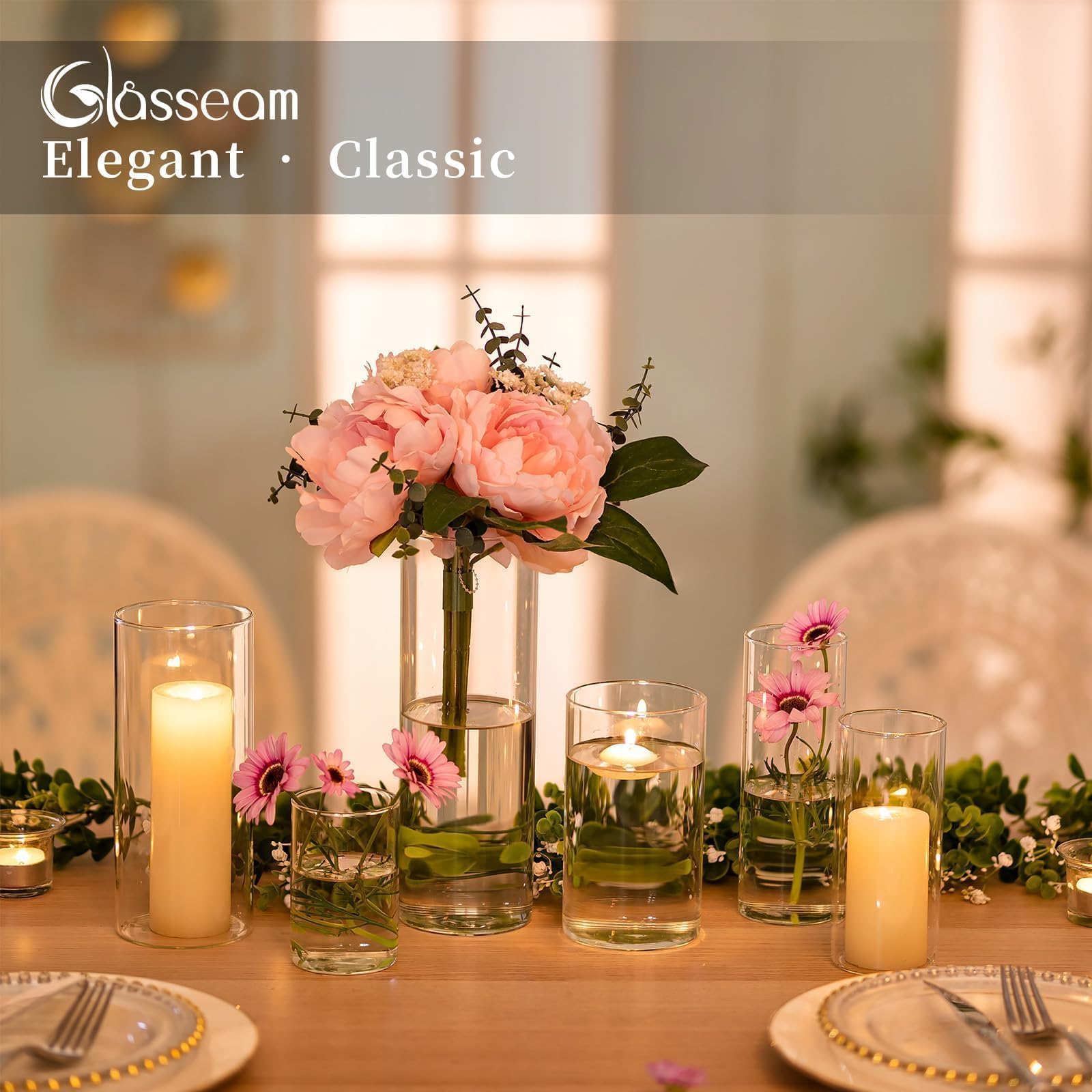 Glasseam Vaso Cilindrico In Vetro Trasparente Per Fiori, Tulipani, Candele, Erba Di Pampa - Set 6 Pezzi, Moderno, Decorativo, Centrotavola Da Pranzo (10/15/20cm)