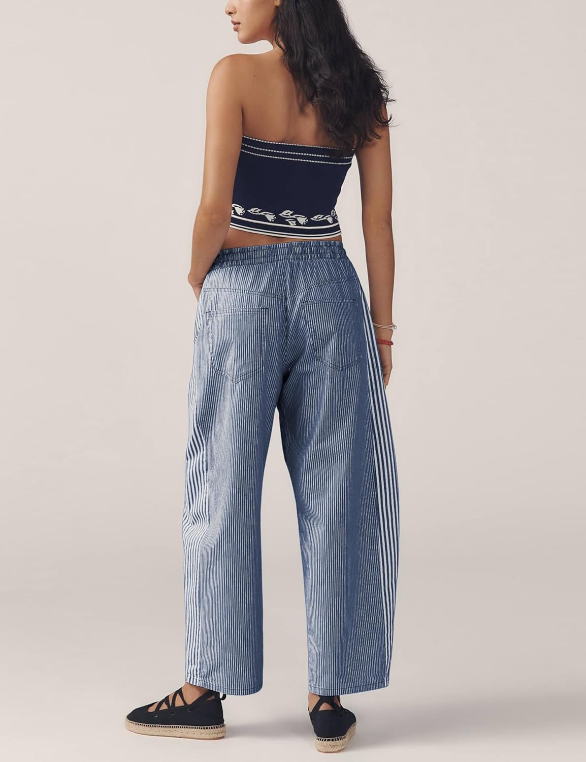 SCUSTY Women's Baggy Wide Leg Jeans Mid Rise Barrel Denim Ankle Pants Casual Striped Pull On Drawstring Trousers with Pockets - Image 3