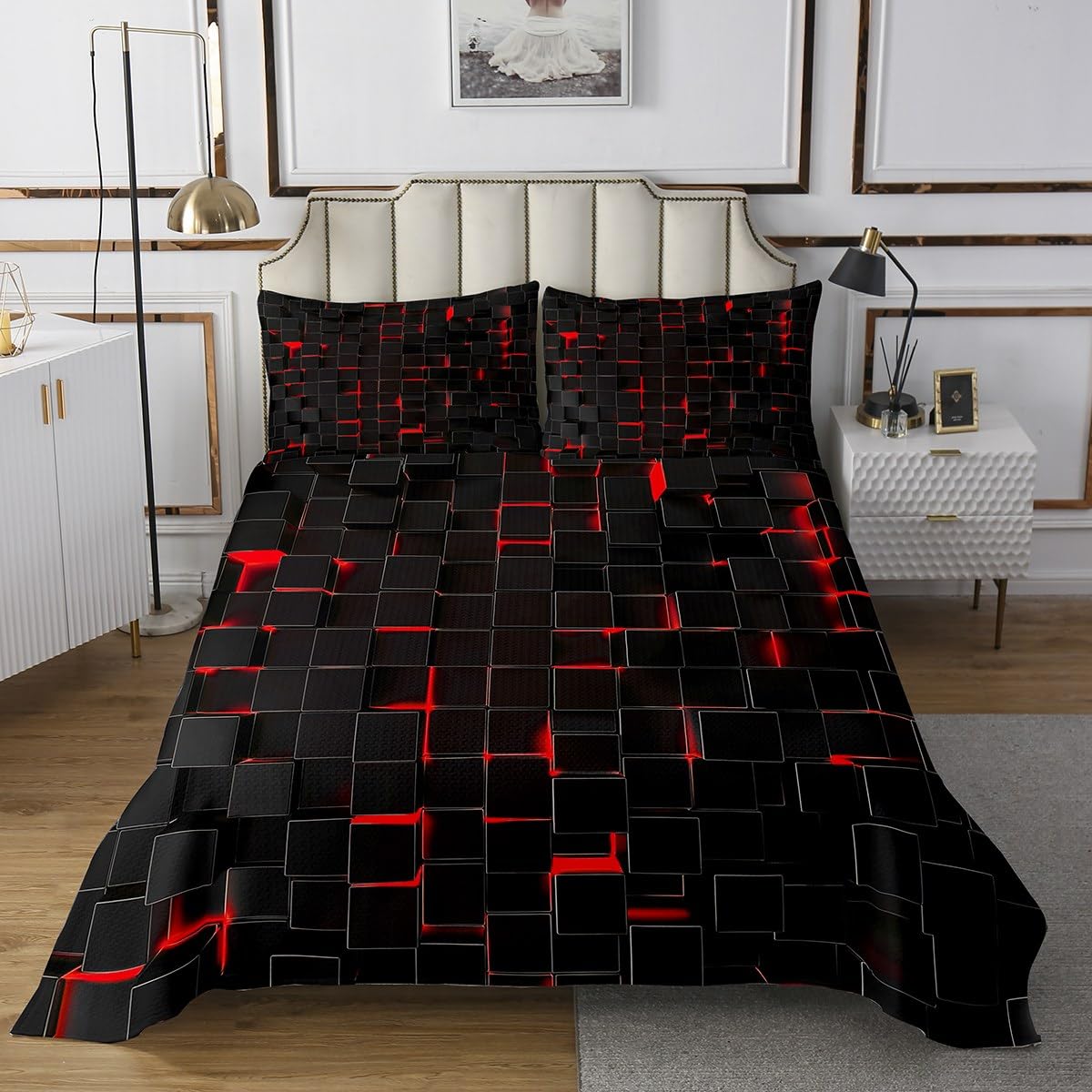 Erosebridal 3D Modern Geometric Square Coverlet Sets Red Neon Light Kids Bedspread Sets Room Decor 3 Pcs,Black Honeycomb Geometric Quilt Set Modern Abstract Art Bed Set King Size for Teen Boys