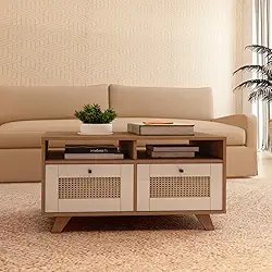 Mesa de Centro Trama 2 Gavetas 2 Prateleiras Cinamomo/Off White