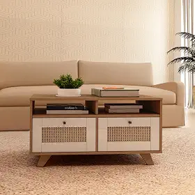 Mesa de Centro Trama 2 Gavetas 2 Prateleiras Cinamomo/Off White