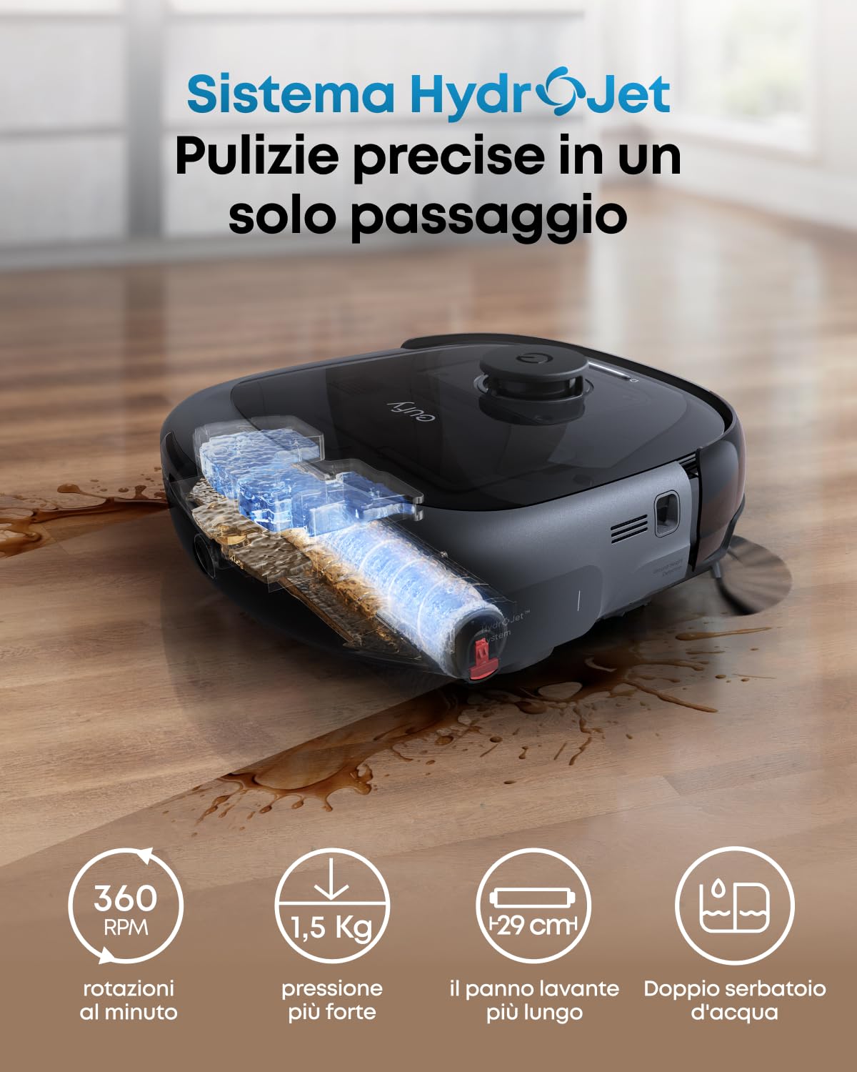 eufy Robot Aspirapolvere E25, HydroJet con Rullo Mop, 20.000 Pa Aspirazione Turbo, Robot Aspirapolvere e Lavapavimenti 2-in-1, Pulizia Angoli e Bordi, Anti-Groviglio, Evitamento Ostacoli AI, Nero