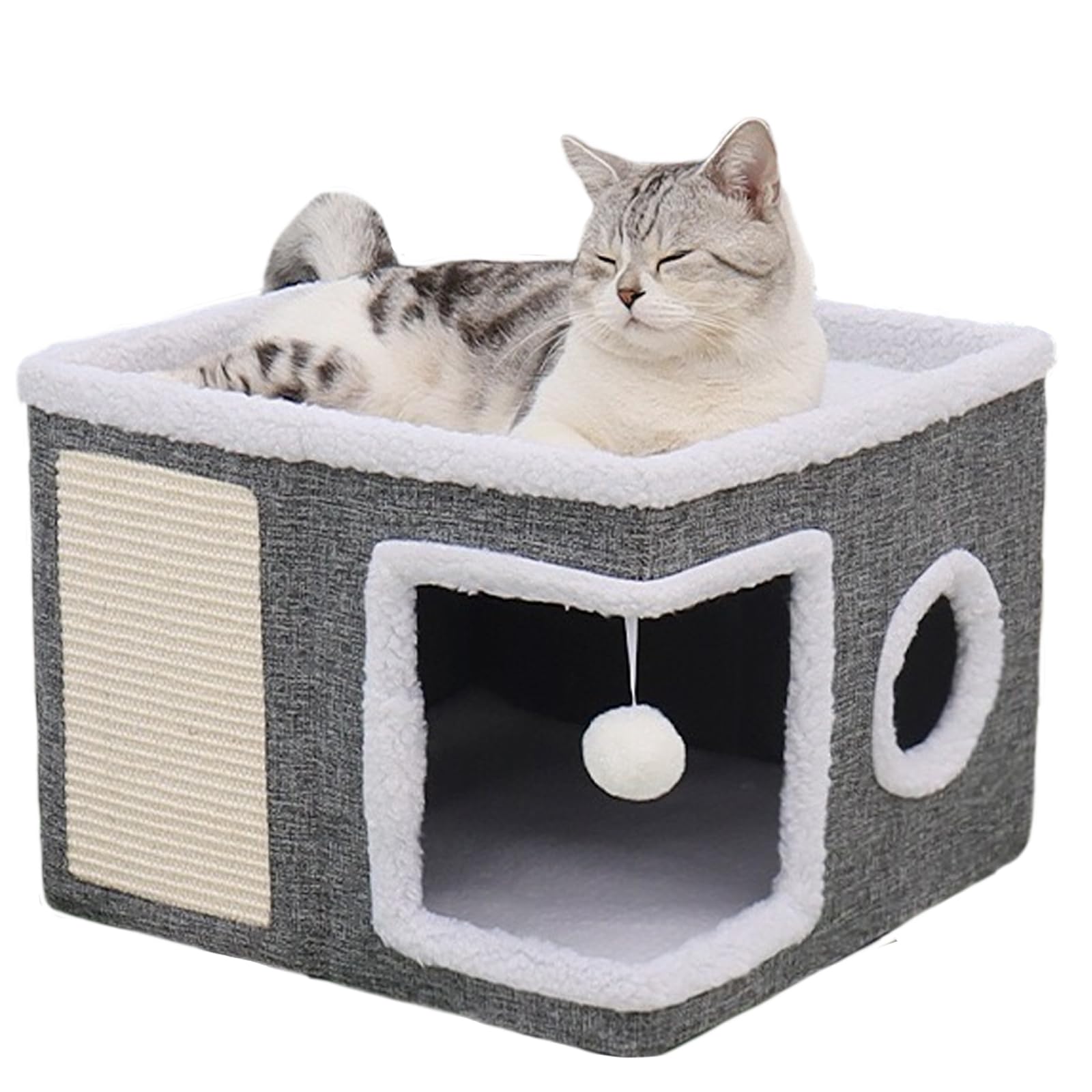 Cat Houses for Indoor, Large Cats Cave for Pet Cat Bed with Fluffy Ball Hanging and Scratch Pad,Foldable Cats Hideaway, 15.79x15.75x12.2 inches?Grey?