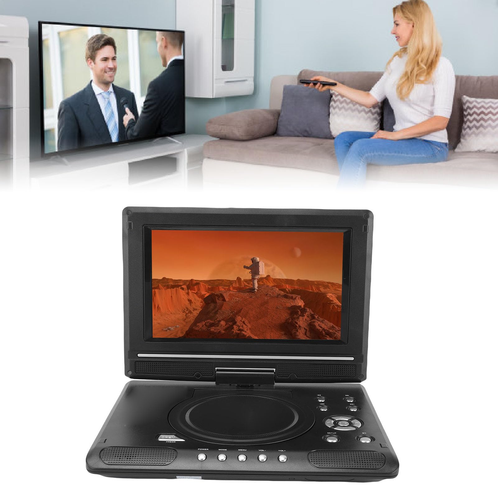 Denash Lettore DVD Portatile da 9,8 Pollici con Doppi Altoparlanti Integrati, Film su Disco 3D, per la Casa, il Lettore DVD per Auto Supporta USB, Telecomando con Schermo Girevole (Spina europea)