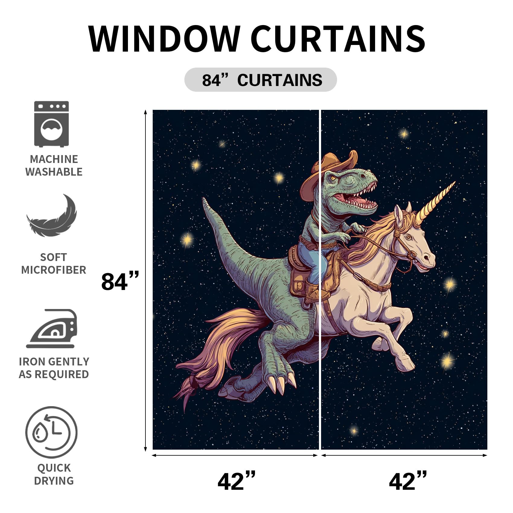Rideau Occultant Licorne Dinosaure Drôle, Motif Animaux Galaxie Enfants Rideau Thermique Tenture Opaque à Oeillets, Rideaux Decoration Chambre Maison Salon Intérieurs, 140x280cm, 2 Pièces yuL249