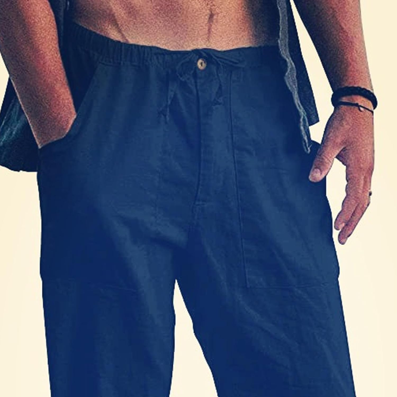 Men's Drawstring Linen Pants Loose Casual Summer Beach Trousers Lightweight Jogger Yoga Pants with Pockets