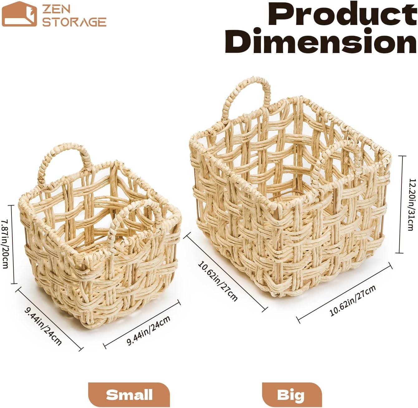 Handmade Wicker Picnic Basket, Square Wicker Basket with Handle, Empty Wicker Wine Basket for Fruit/Drink/Snack/Flower/Bread, Easter Basket, Set of 2, Small and Large