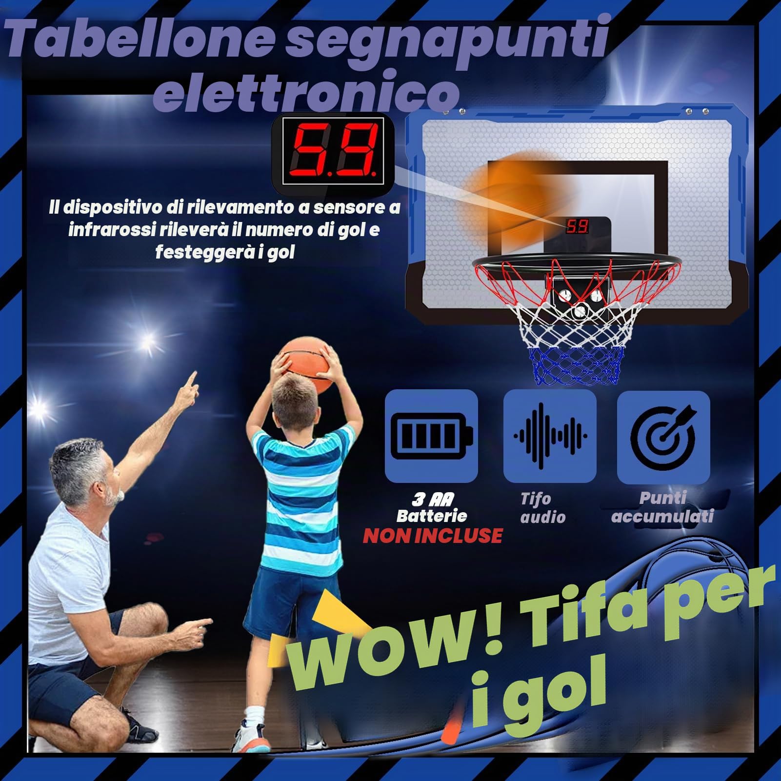 TEUVO Mini Canestro Basket da Camera con Punteggio Automatico Interno Esterno Canestro Basket Bambini 5 6 7 8 9 10 Anni per Casa Porta 4 Pallone Basket Giocattoli Mini Hoop Regalo per Ragazzi Ragazzee