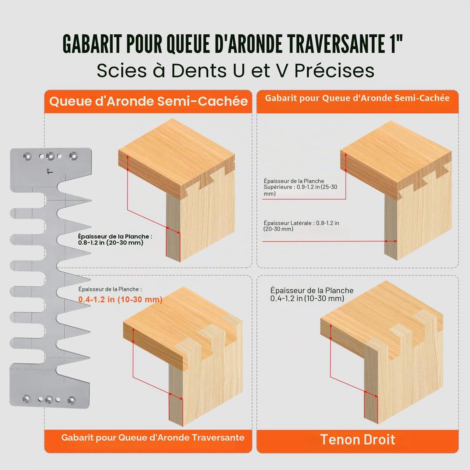 VEVOR Gabarit à Queue d'Aronde Largeur 310 mm Gabarit de Défonceuse à Queue d'Aronde Outil Menuiserie pour Tenons et Mortaises, Fabrication Meubles Bois, avec 3 Gabarits 5 Fraises, Alignement Précis