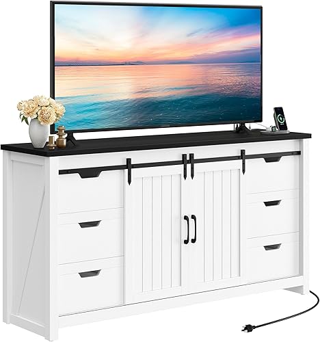 Miniatura 39 de YITAHOME Soporte de TV de granja para soporte de televisión de 65 pulgadas, centro de entretenimiento con armarios de almacenamiento y puertas Roble