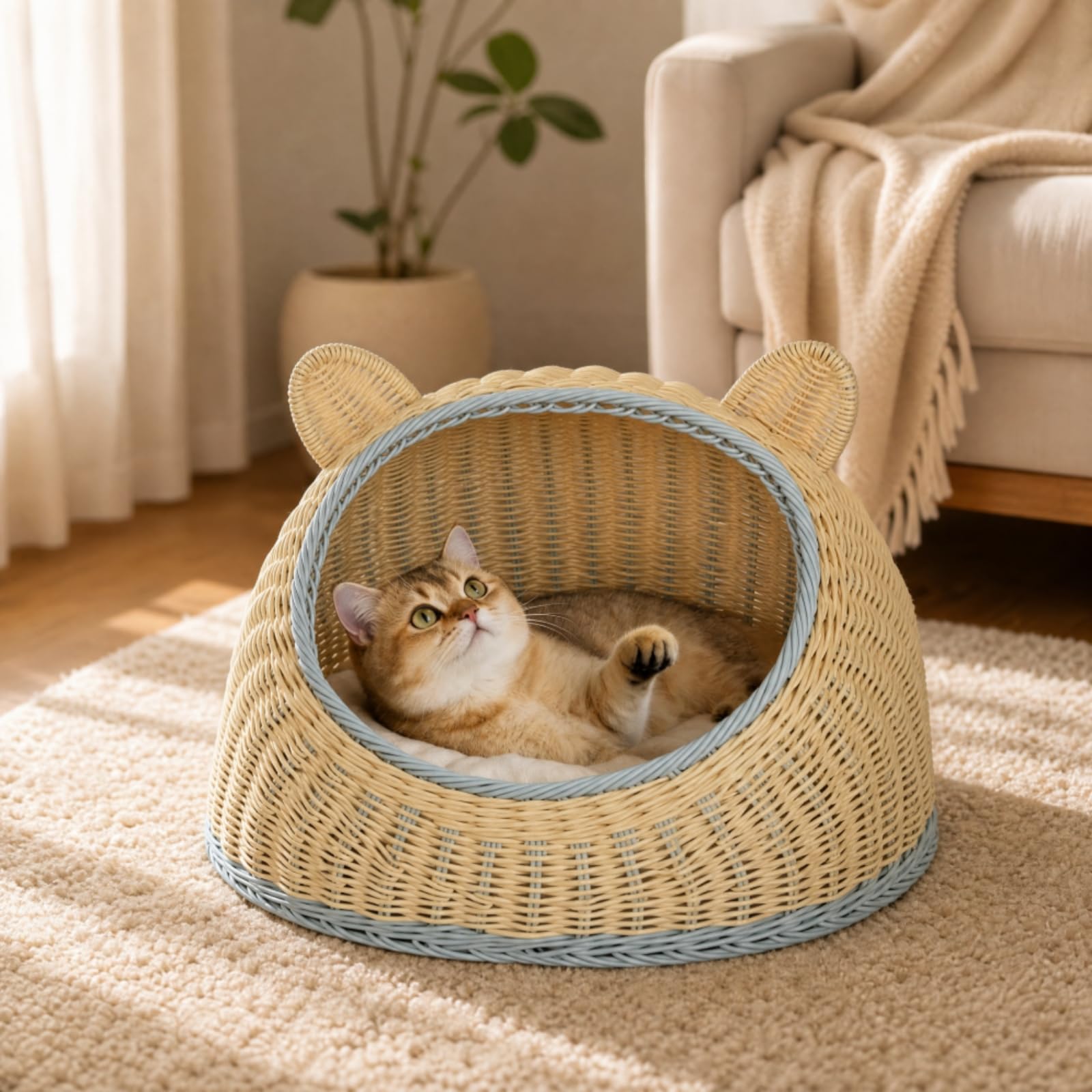 Tejido para con Entrada Frontal y Laterales Elevadas Cesta Mimbre PP con Diseño Cuna Abierta para Ventilación Refugio Mascota con talles Orejas Acuado, Marrón, L