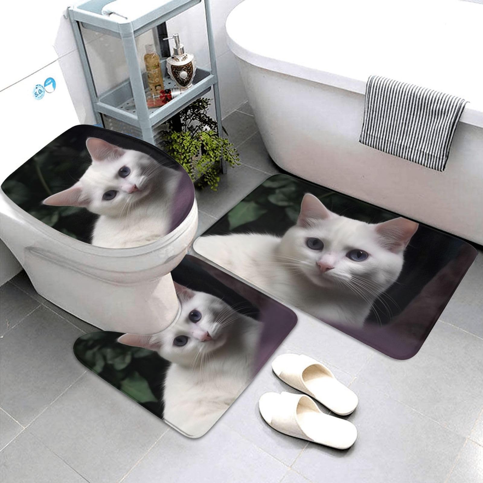 Dwrepo White Cat Print Bathroom Rug Set 3 Piece with Non-Slip U-Shaped Contour Mat and Toilet Lid Cover for Bathroom Decoration