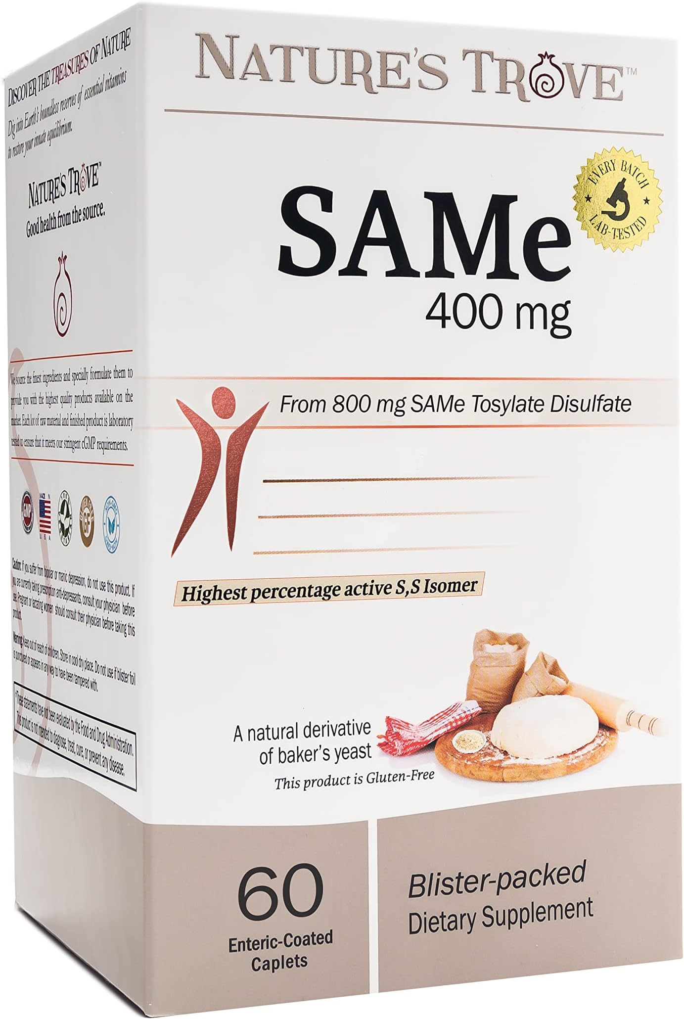 Nature's Trove SAM-e 400mg 60 Enteric Coated Caplets. Vegan, Kosher, Non-GMO Project Verified, Soy Free, Gluten Free - Cold Form Blister Packed.