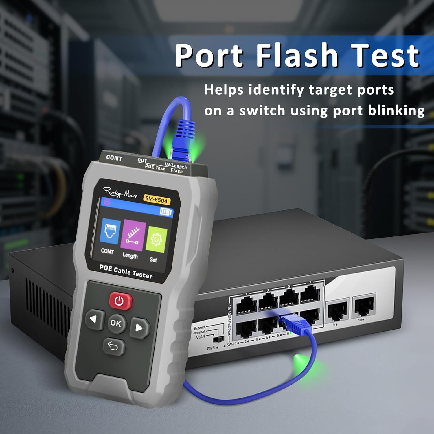 PoE Cable Tester, IEEE 802.3af/at/bt Compliant Network Tester with Port Flash Detection, Cable Length Meter, Continuity Test for CAT5 CAT6, 1500mAh Battery