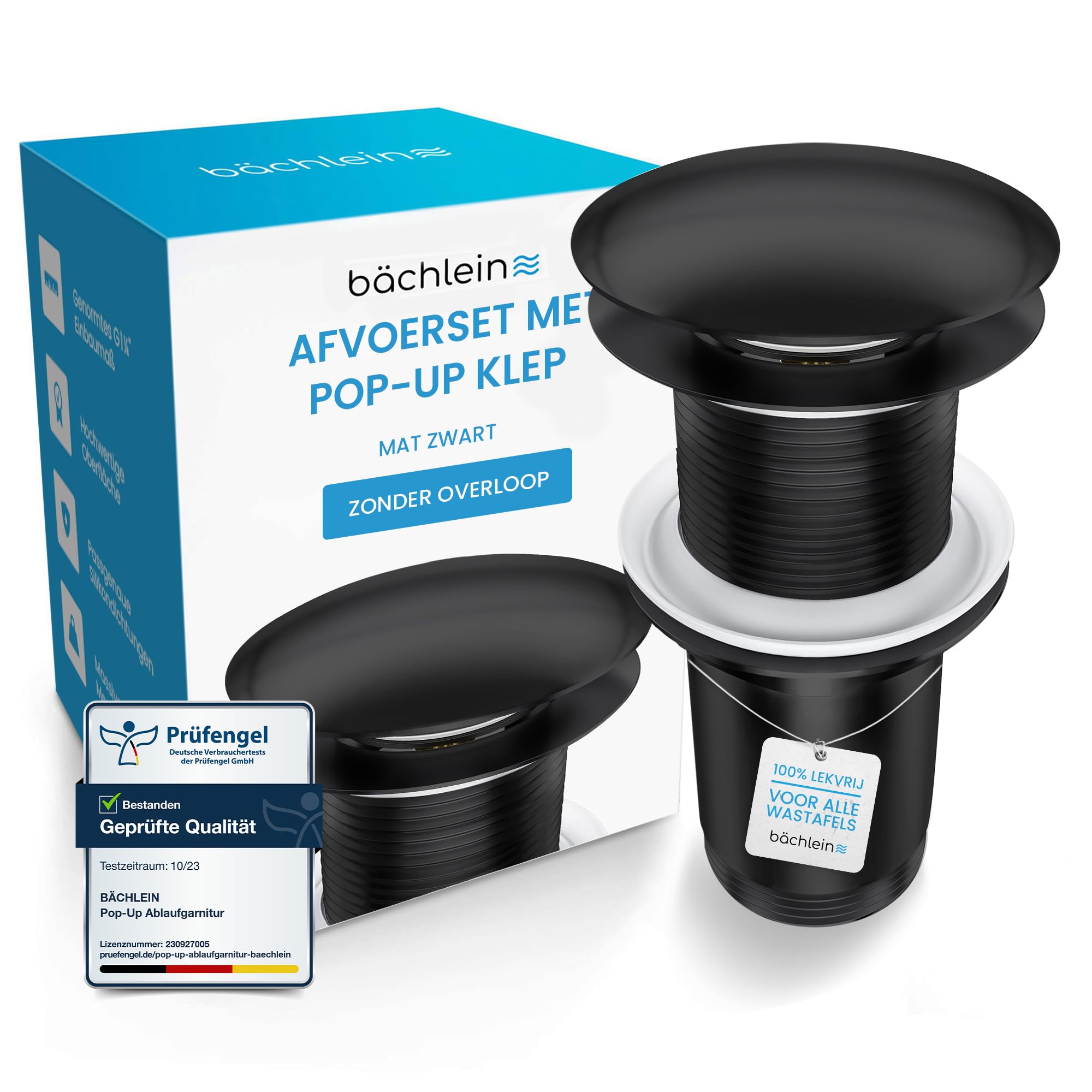 Bächlein Universal Drain Set Without Overflow (Matt Black) - Brass Drain Valve Drain Set - Installation with Instructions