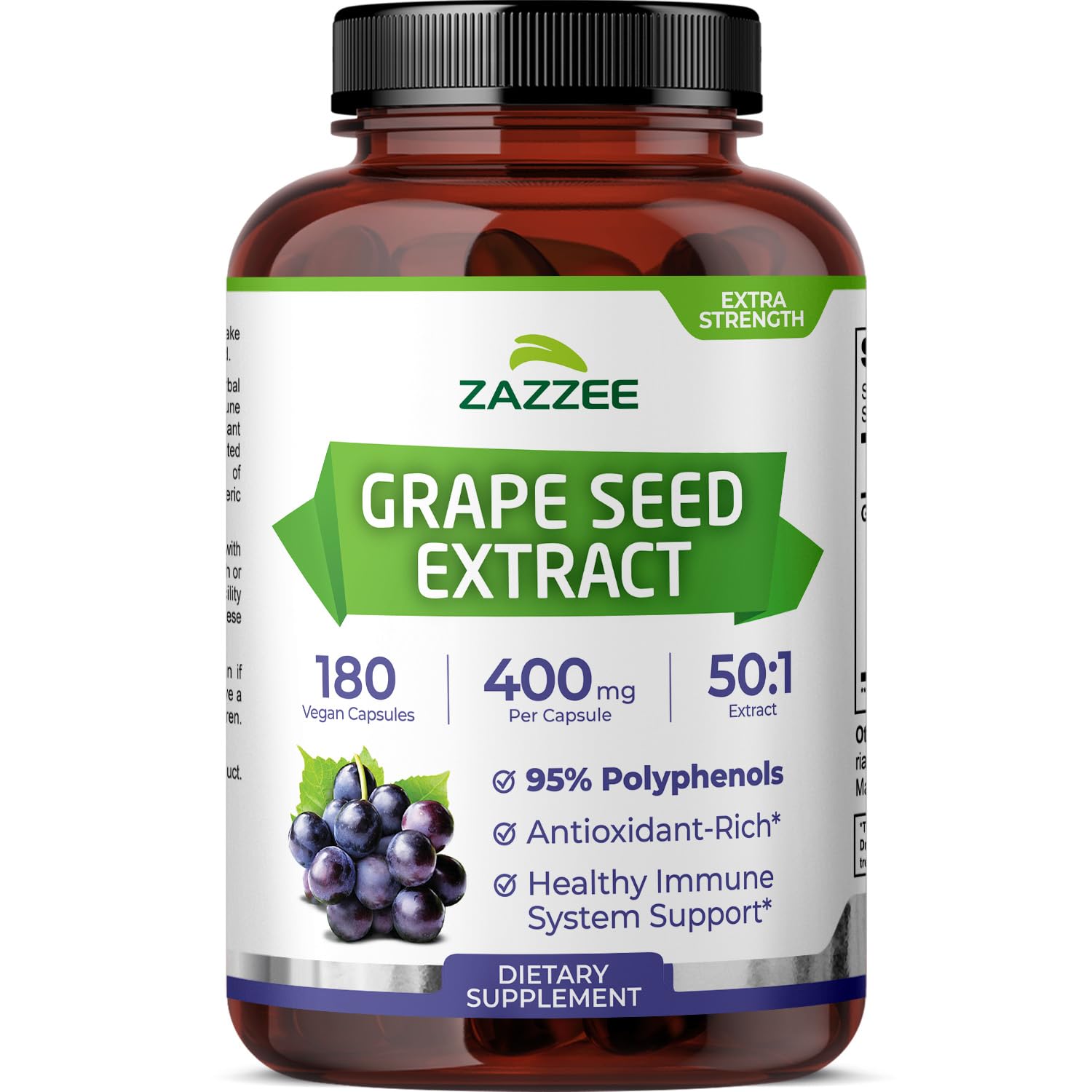 Zazzee Naturals 95% Polyphenols Potent 50:1 Grape Seed Extract 180 Vegan Capsules (20000mg Strength,400mg Per Capsule)