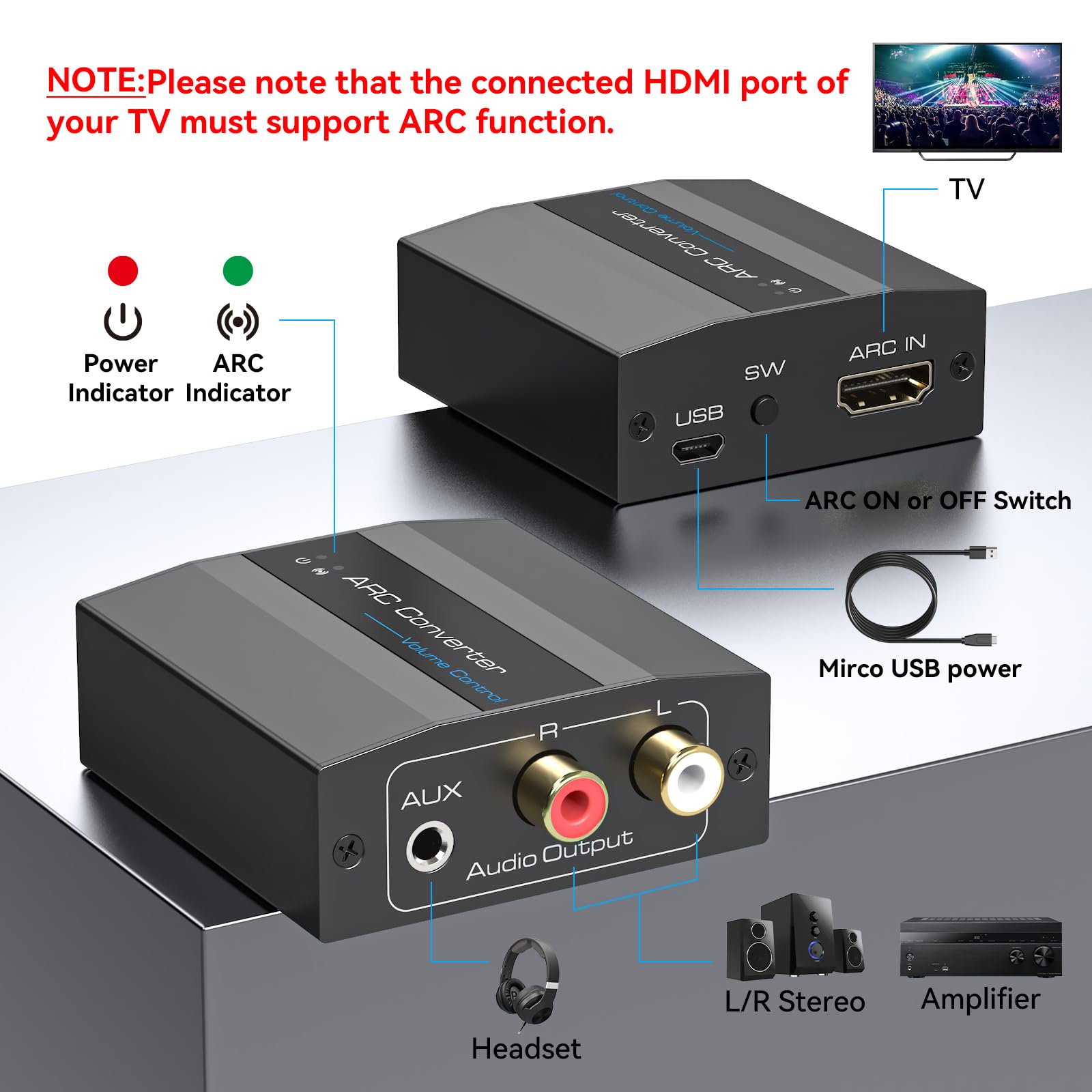 Adaptador HDMI ARC 4K60Hz HDMI ARC extractor de audio con 3.5 mm y audio estéreo L R para barra de sonido HDTV amplificador de altavoz