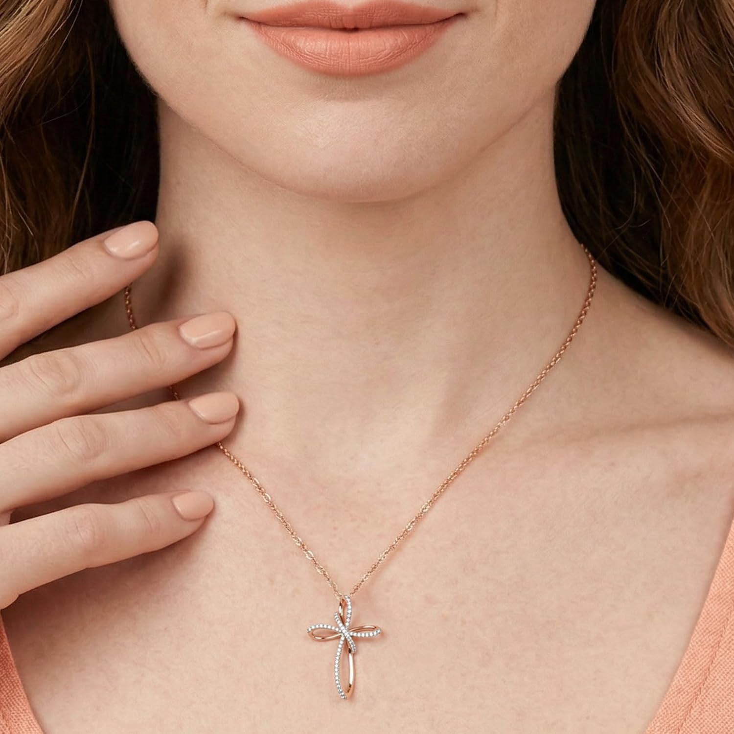 Jewelili 10K Gold Cross Pendant Necklace for Women | Rose/White/Yellow Gold | Natural White Round Diamonds | Dainty & Timeless Fine Jewelry | 18" Rope Chain