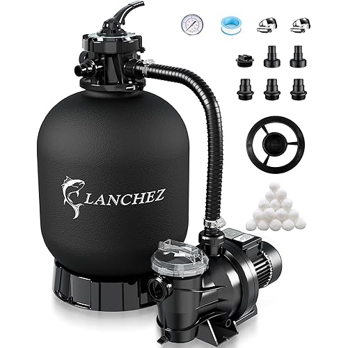 LANCHEZ 18" Sand Filter Pump for Above Ground Pool with Timer, 1.5 HP Pool Pump, Max 4900 GPH for Pools Up to 20,000 GAL, 6-Way Valve Pool Sand Filter System