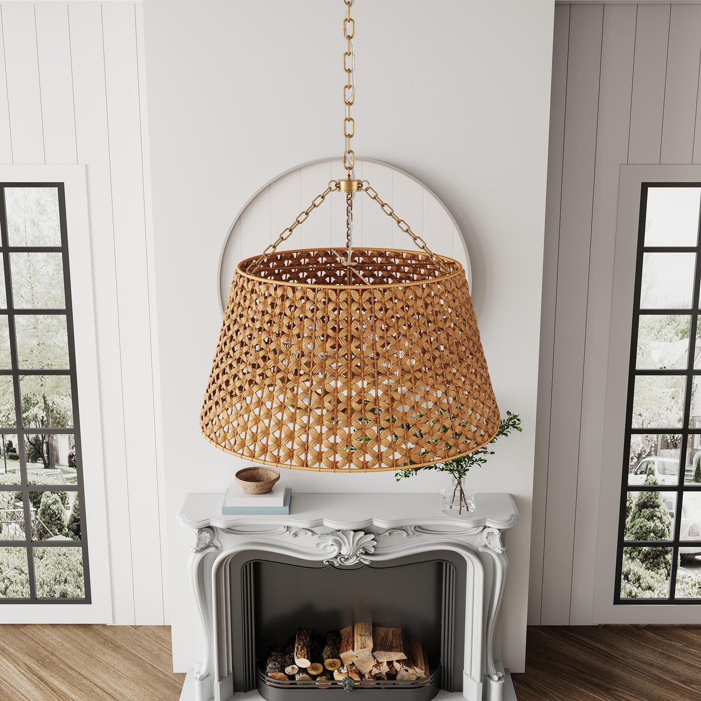 Aiwen 29.92 in 6-Light Oversize Rattan Chandelier Boho Hand Woven Pendant Light Fixture with Plant Rattan Shade Rustic Farmhouse Chandelier for Kitchen Island Living Room Foyer