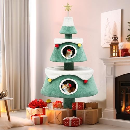 DWVO Christmas Cat Houses for Indoor Cats, Christmas Cat Tree Tower with 2 Cozy Houses, Kitty Furniture with Teaser Plaything for Christmas Decoration - 63in