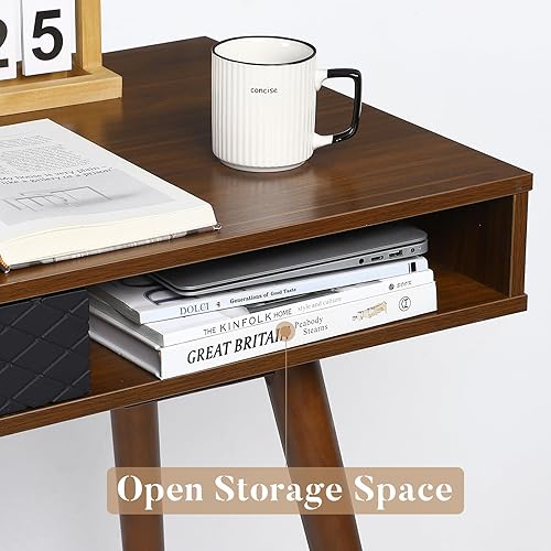 Miniatura 5 de GAOMON Escritorio moderno y simple para oficina en casa, escritorio de computadora moderno de mediados de siglo con cajón, patas de madera maciza y