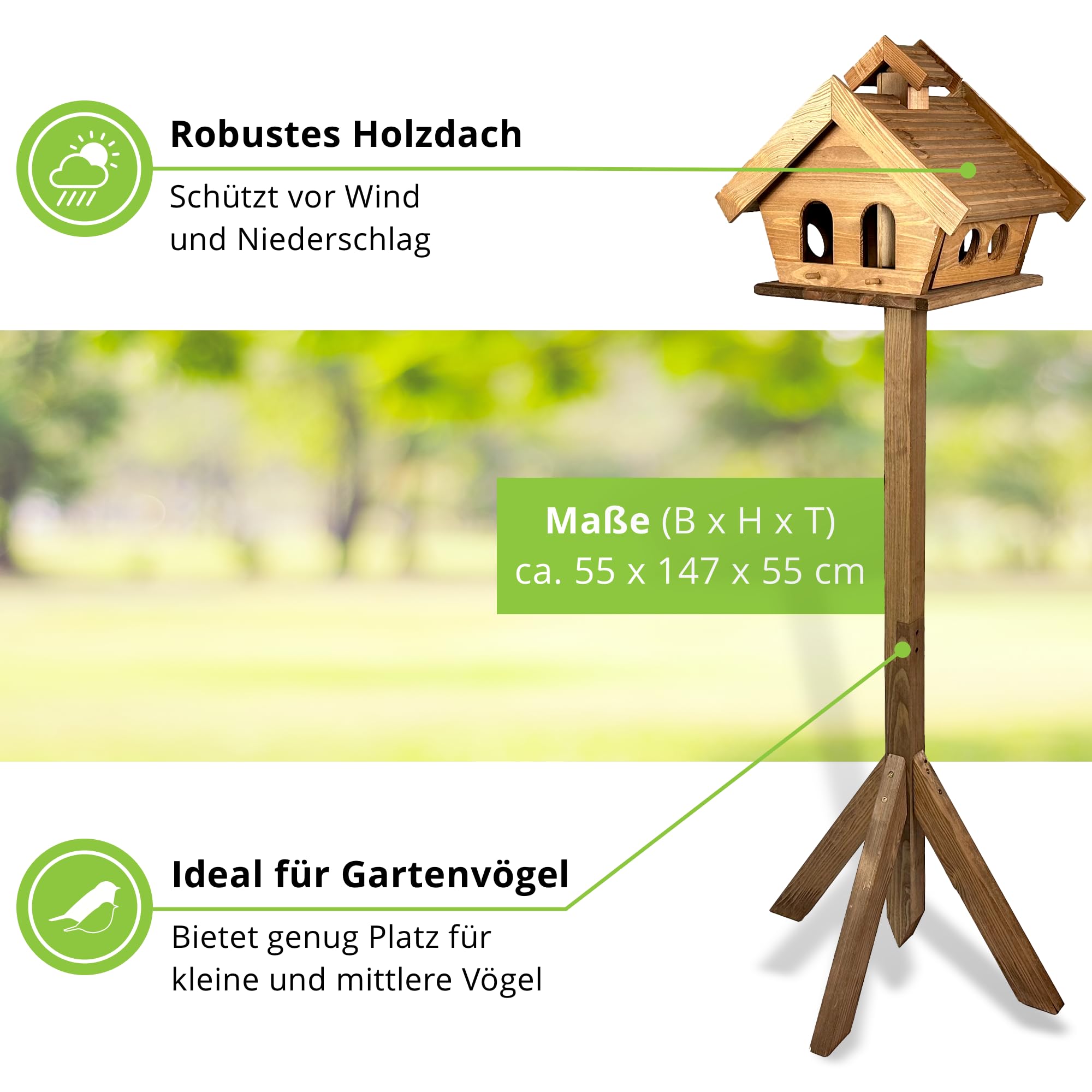 gartenetage GARTENETAGE Vogelhaus Holz mit 2in1 Ständer/Vogelhaus mit Ständer wetterfest und stabil/Vogelfutterhaus mit Ständer/Robustes Vogelhäuschen für Balkon und Garten, GE10307