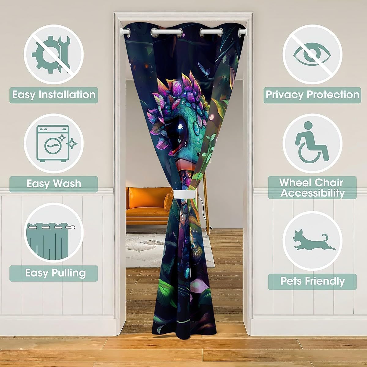 Feelyou Dragon Doorway Curtain Privacy 1 Panel, 52"x80" Dragon Stuff 30%-50% Blackout Insulated Thermal Curtain Wild Life Door Cover Curtain Flower and Grass Window Treatments Balck Green