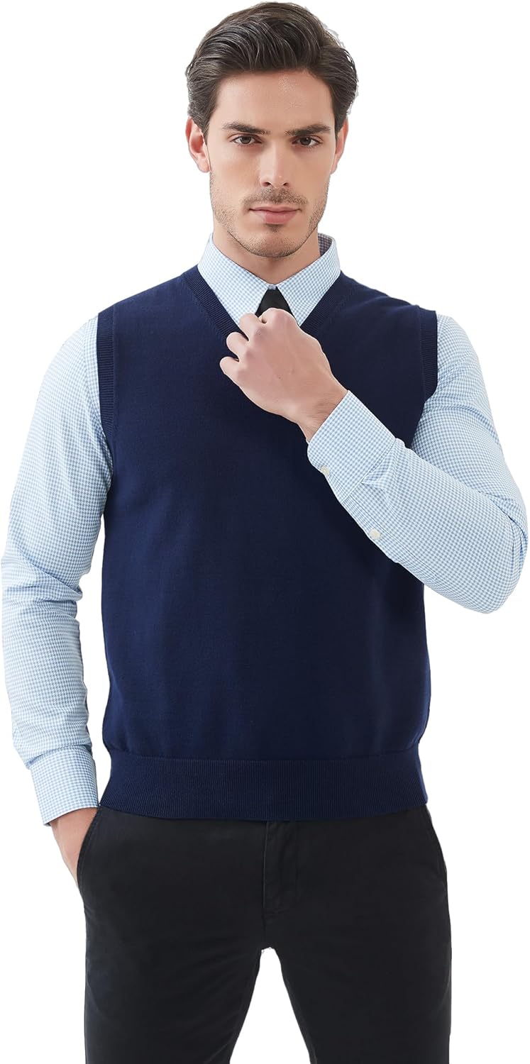 Kallspin Men's Pure Cotton Sweater Vest V Neck Regular Fit Knit Sleeveless Pullover Sweater - Image 8