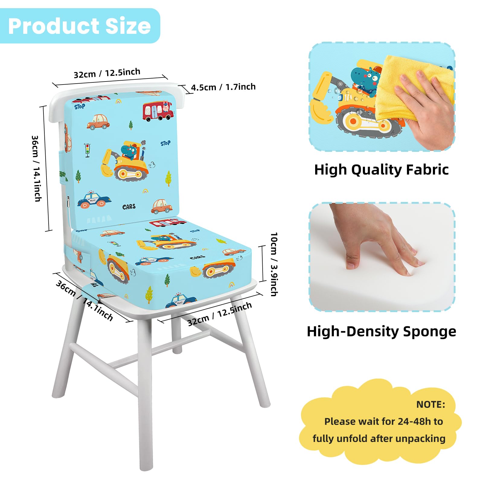 Rehausseur Chaise Enfant avec Dossier et Sangles de Sécurité Réglables en 3 points, Portable Lavable Antidérapant Coussin Rehausseur De Chaise Bebe Enfant - Excavatrice