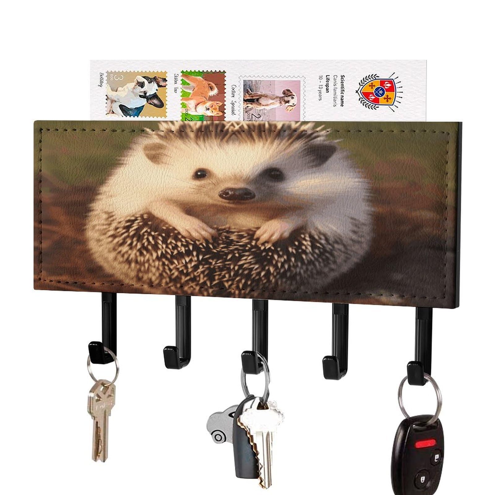 Vstadank Black-Style Hedgehog Key Holder For Wall Decorative Mail Organizer Exquisite Coat Rack Pu Wall Mount Adhesive Keys Rack With Tray&5 Key Hook For Door Hallway Entryway Decor