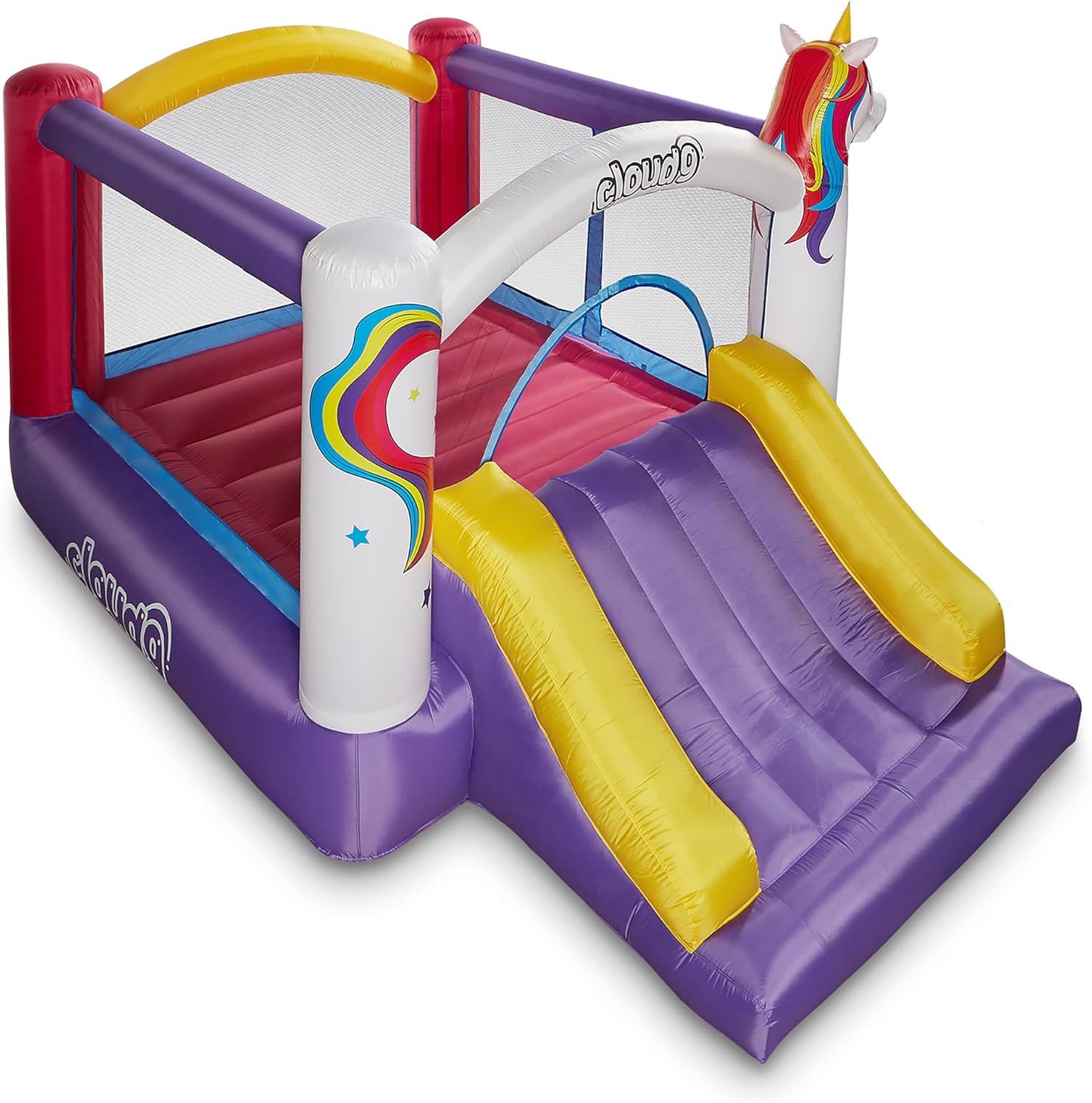 Cloud 9 Inflatable Bounce House and Blower, Unicorn Theme Bouncer for Kids with Slide, Includes Stakes and Repair Patches