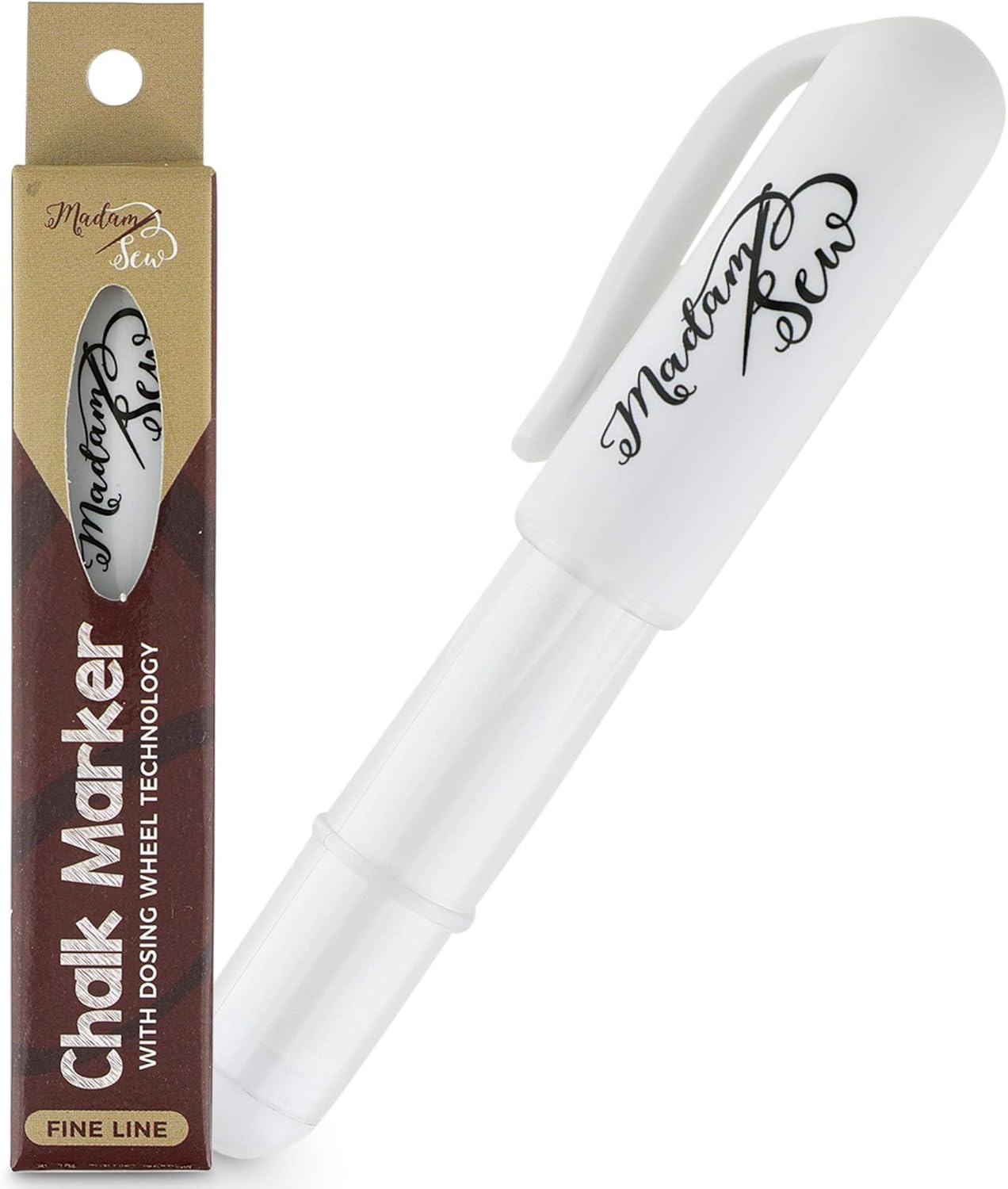 Madam Sew Chalk Fabric Marker for Sewing and Quilting – Tailors Liner Pen Creates Consistent Erasable Lines with Dosing Wheel Technology – Suitable for Cotton, Knit, Suede and More (White)