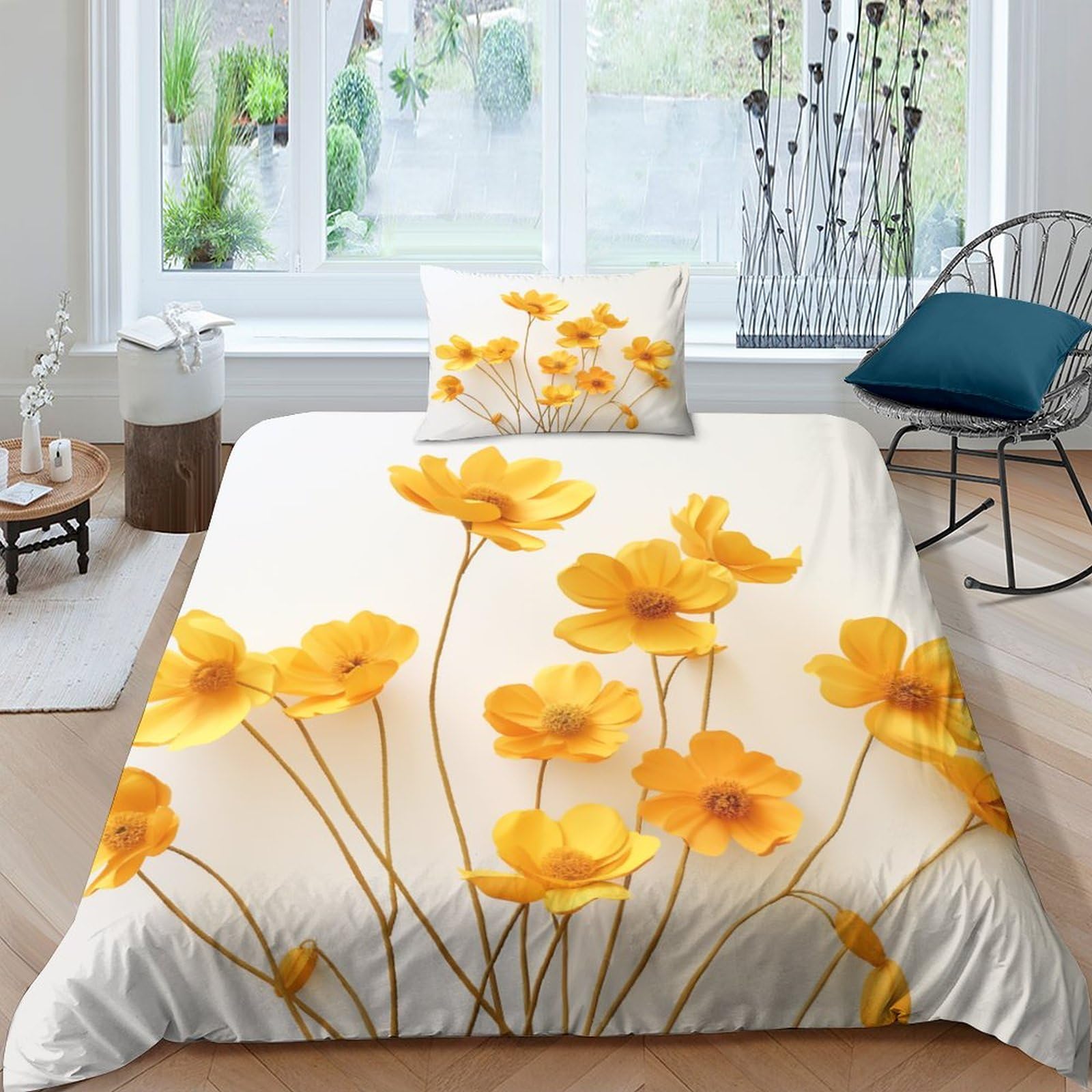 Housses de couettes imprimé fleurs jaunes IOFEER ensemble literie microfibre 135x200