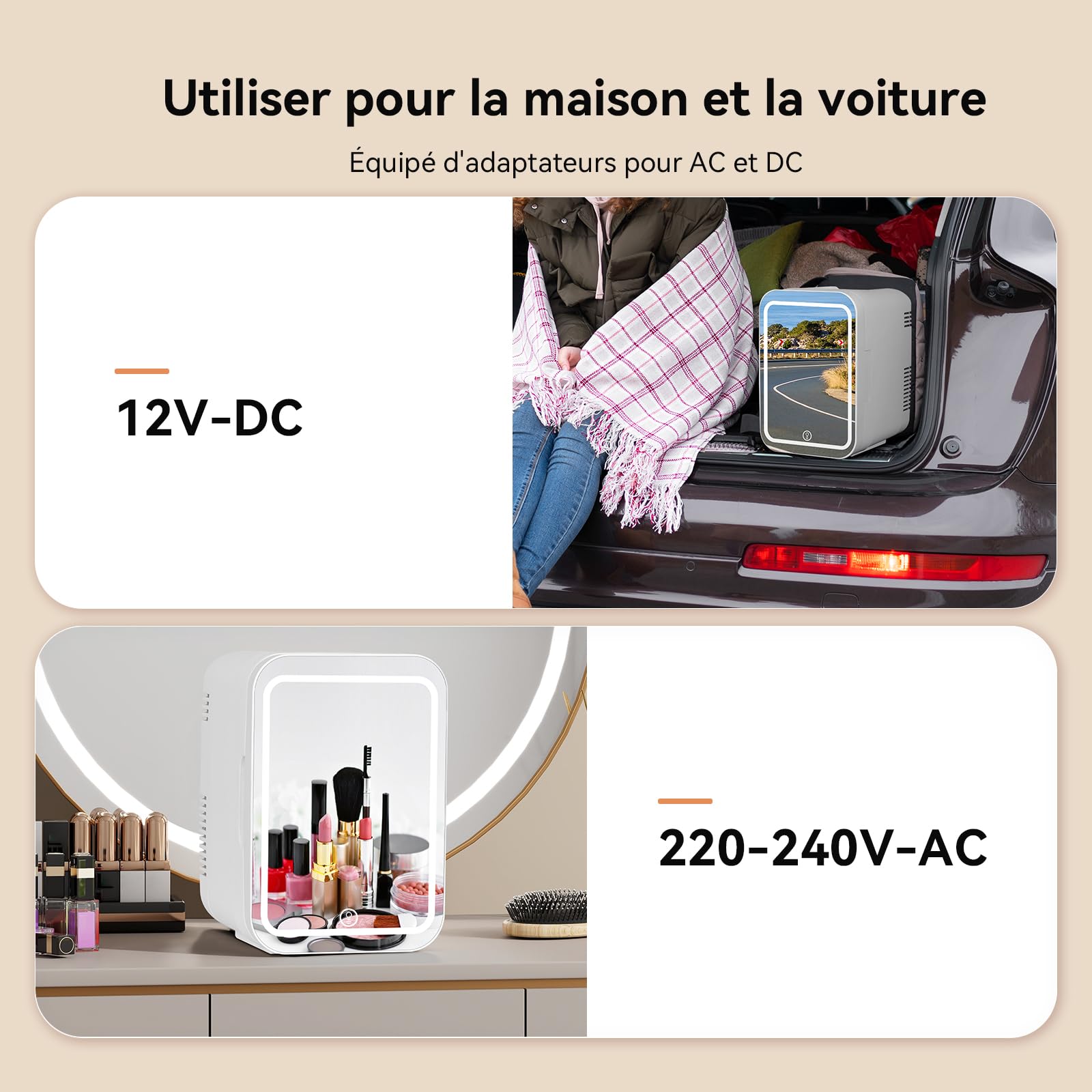 YU YUSING Mini Frigo Cosmétique 4L avec Miroir LED, Petit Frigo de Chambre Cosmétique avec Fonction Chaud/Froid, Mini Réfrigérateur Portable, 12V/220V, Miroir Maquillage pour Voitures (Blanc)