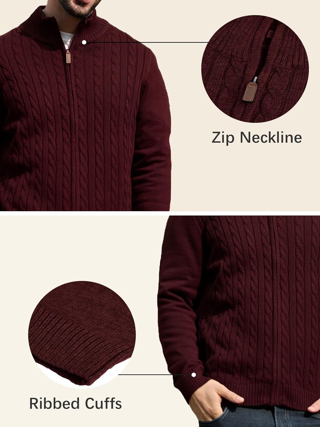 Les umes Men's Cardigan Sweaters Full Zip Stand Collar Cable Knitted Sweater Cotton Long Sleeve Zipper Cardigans