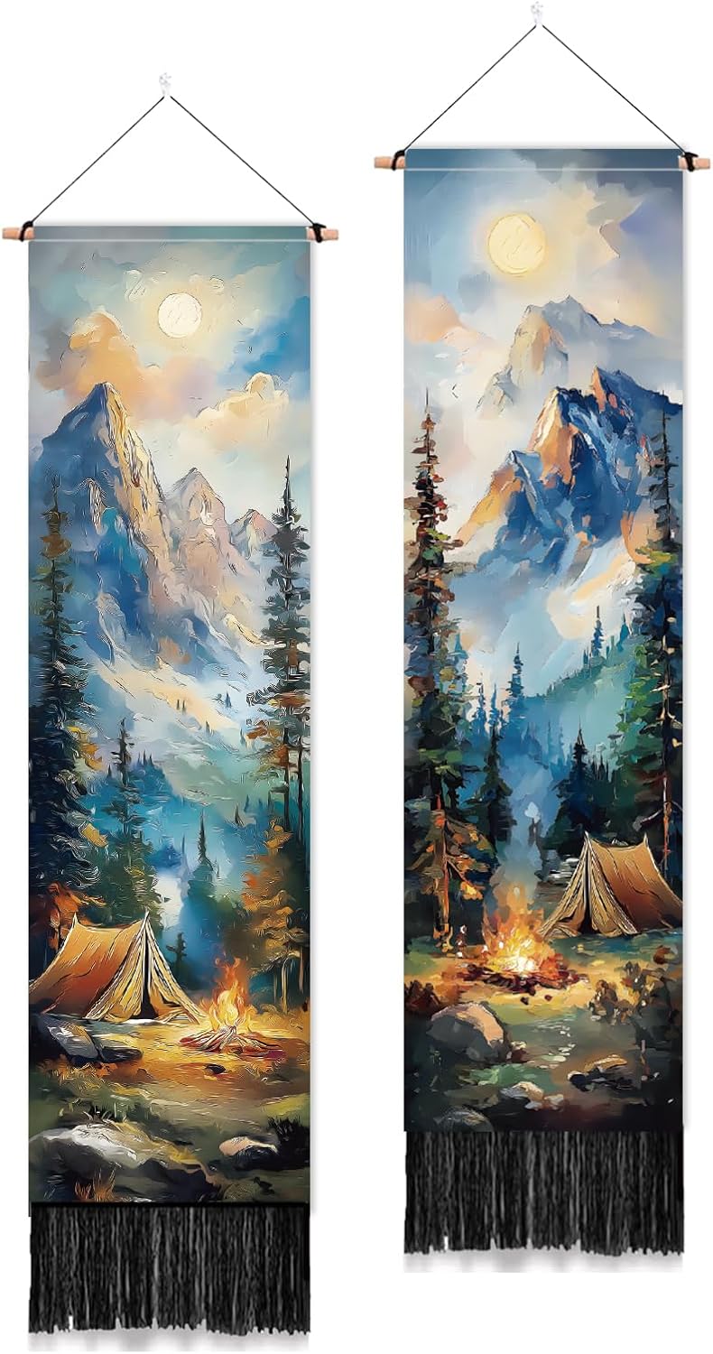 PLIGREAT 2 Pack Forest Campfire Camping Wall Tapestry, Oil Painting Style Long Vertical Tapestry Aesthetic Wall Hanging with Tassels for Bedroom Living Room Bathroom Home Art Decor Housewarming Gift