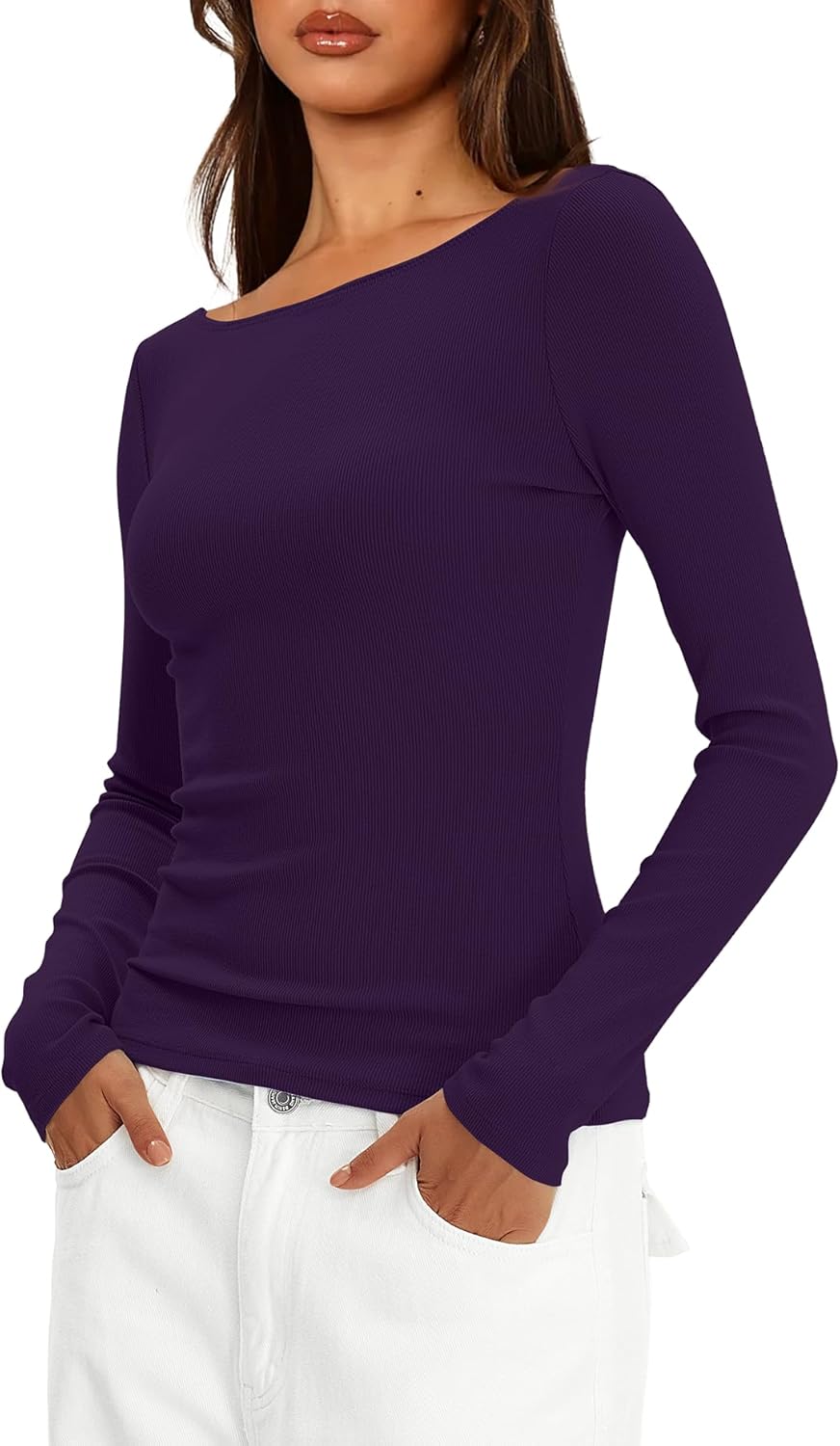 Darong Womens Long Sleeve Boat Neck Top Sexy Backless Slim Fit Basic Tee T-Shirt Ribbed Knit Going Out Tops - Image 3