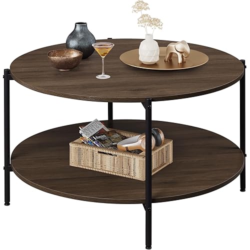 WLIVE Round Coffee Table, Living Room Table with 2-Tier Storage Shelf,32in Wood Modern Coffee Table with Metal Frame and Wood Desktop,Easy Assembly，Brown Walnut.