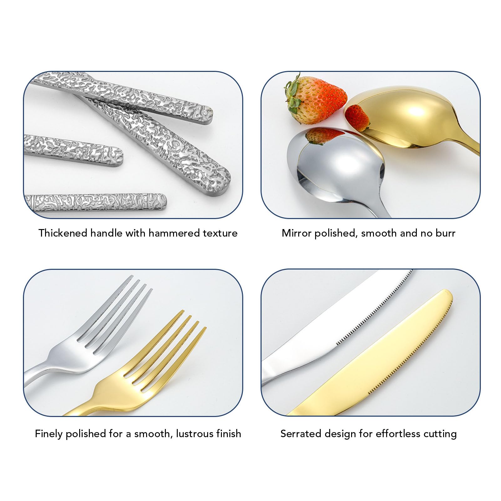 Fdit Juego de Cubiertos para 6 Personas, Juego de Cubiertos de Acero Inoxidable de 24 Piezas con Acabado Plateado, de con Patrón Martillado para Mesa de Comedor, (SILVER)