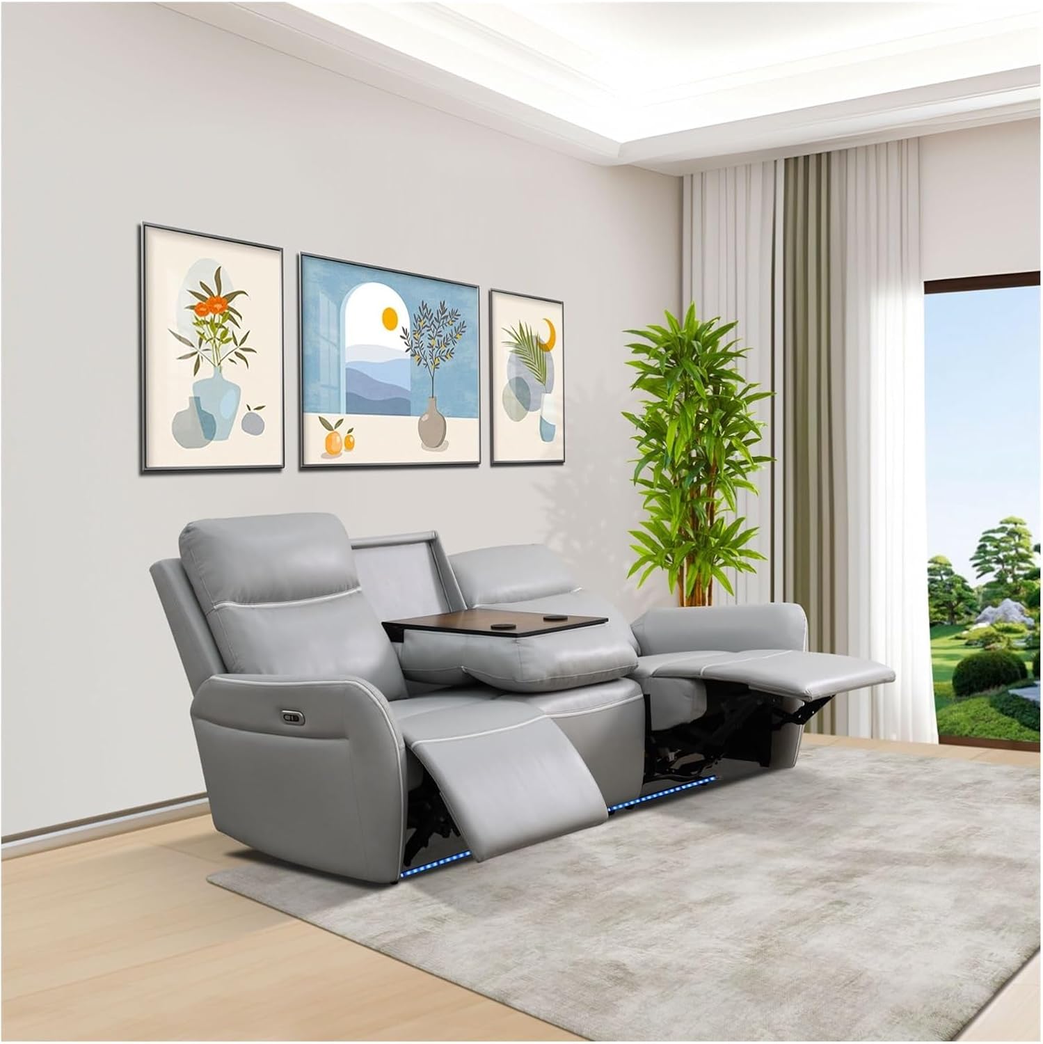 Recliner Sofa Light Grey Breathing Leather Living Room LED Lighting USB Charging