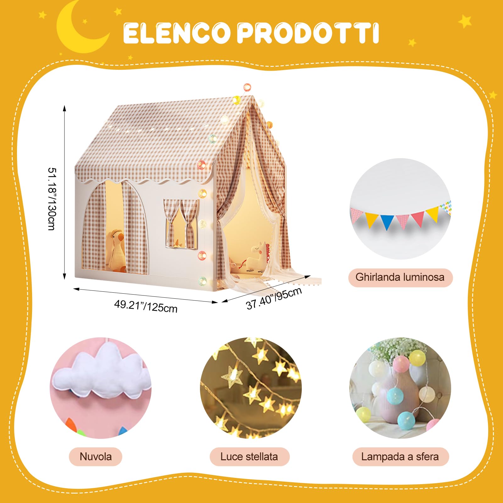 Ergocar Tenda Per Bambini Da Interno Ed Esterno Con Doppia Porta Castello Luce Colorata Bandiera Nuvola Stella Adatta a Bambini Piccoli Ragazzi e Ragazze