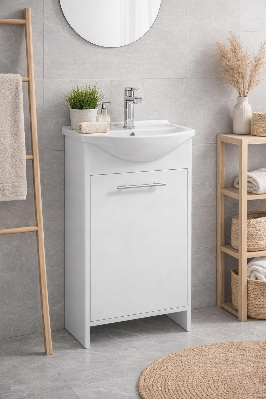 DomoDomo Szafka Łazienkowa z Umywalką 45 cm Biała Połysk – Zestaw z Baterią Chrom, Syfonem i Korkiem Klik-Klak, Stojąca 84x45 cm, Ceramiczna Umywalka