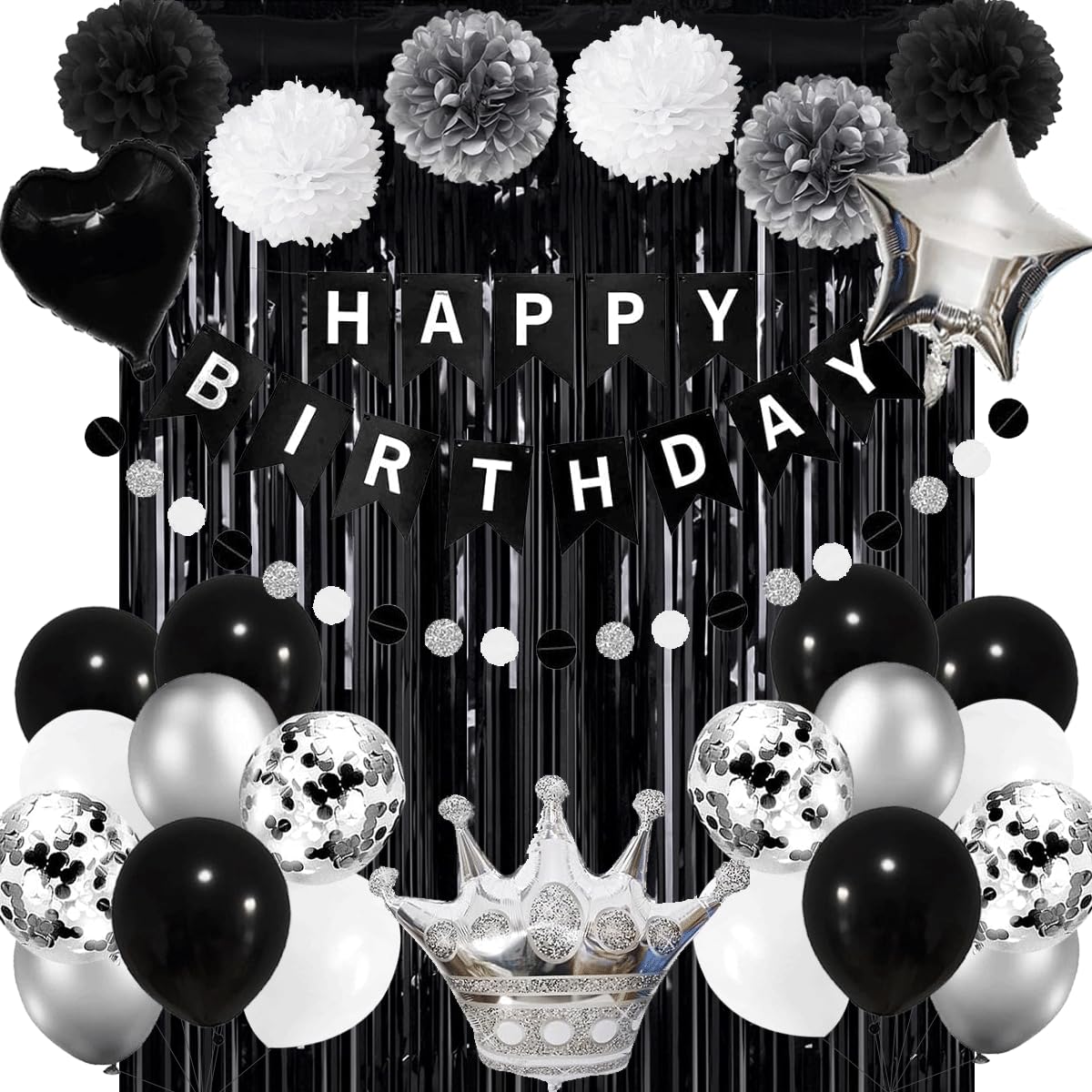 Black and Silver Party Decorations, Black and White Happy Birthday Decorations for Men Women, Black and White Birthday Party Decorations Including Banner, Balloons, Pompoms, Fringe Curtains