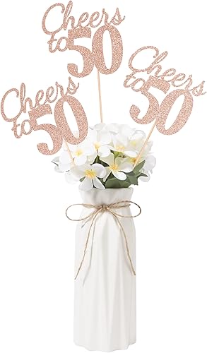 Gexolenu Cheers to 50, paquete de 10 centros de mesa de cumpleaños número 50 de doble cara con purpurina de oro rosa para mesas, decoraciones de