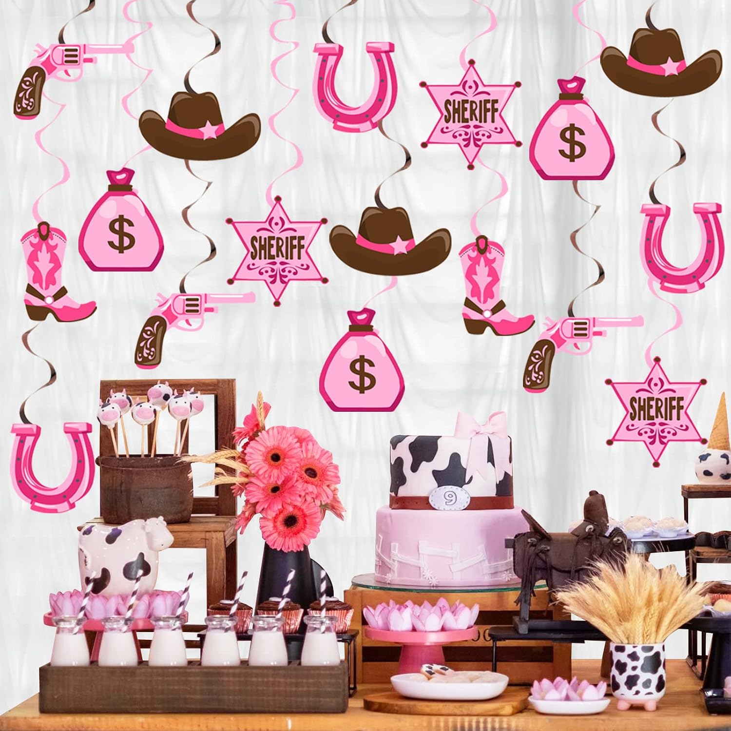 Cowgirl Western Party Supplies, Cowgirl Hanging Swirls, 36 Pack Foil Ceiling Decorations with Riding Boot, Hat for Girls Birthday, Baby Shower, Horse Themed Party Favors