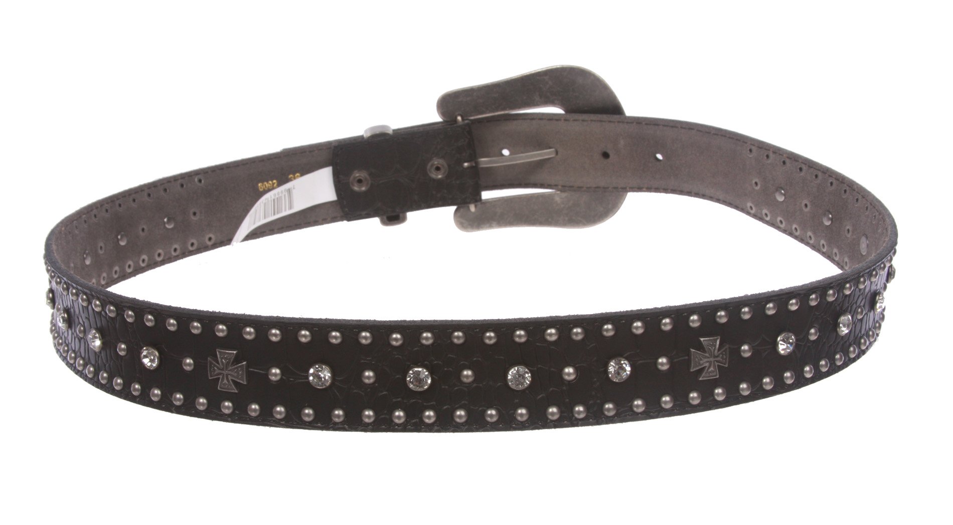Snap On Western Faux Crocodile Embossed Cross Rhinestone Studded Leather Belt, Black | 44