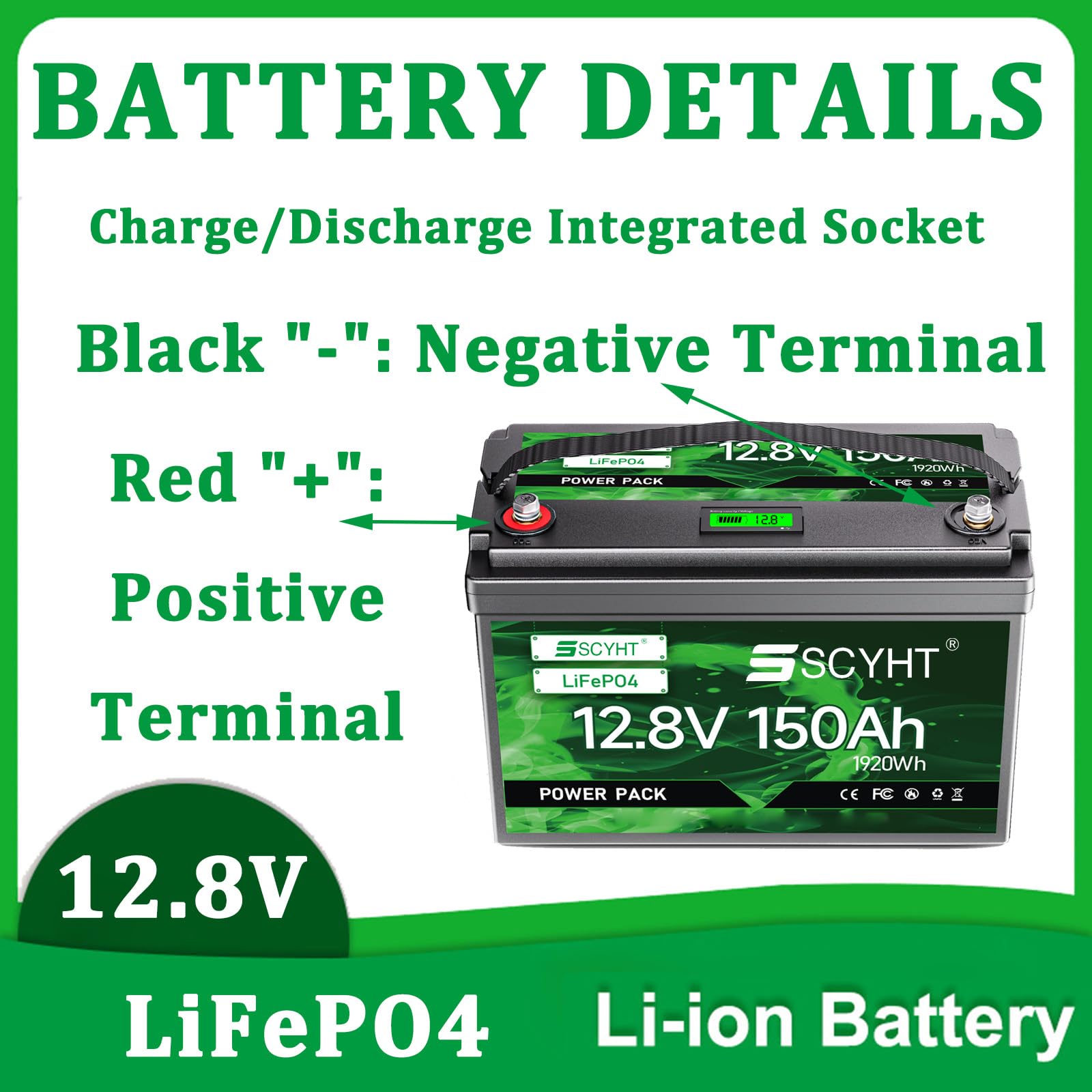 Batería repuesto 12,8 V Batería litio 150 Ah Baterías de iones de litio 12,8 V y 150 Ah Baterías LiFePO4 para energía solar para motores 250 W a 2000 W con BMS y pantalla